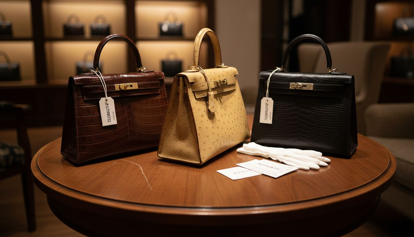 Kelly bags in exotic leathers displayed close up