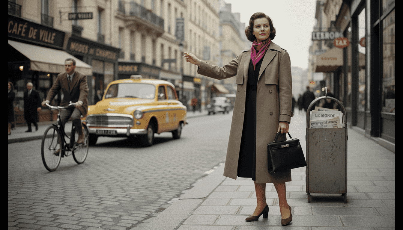 Woman holds Kelly bag on vintage Paris street
