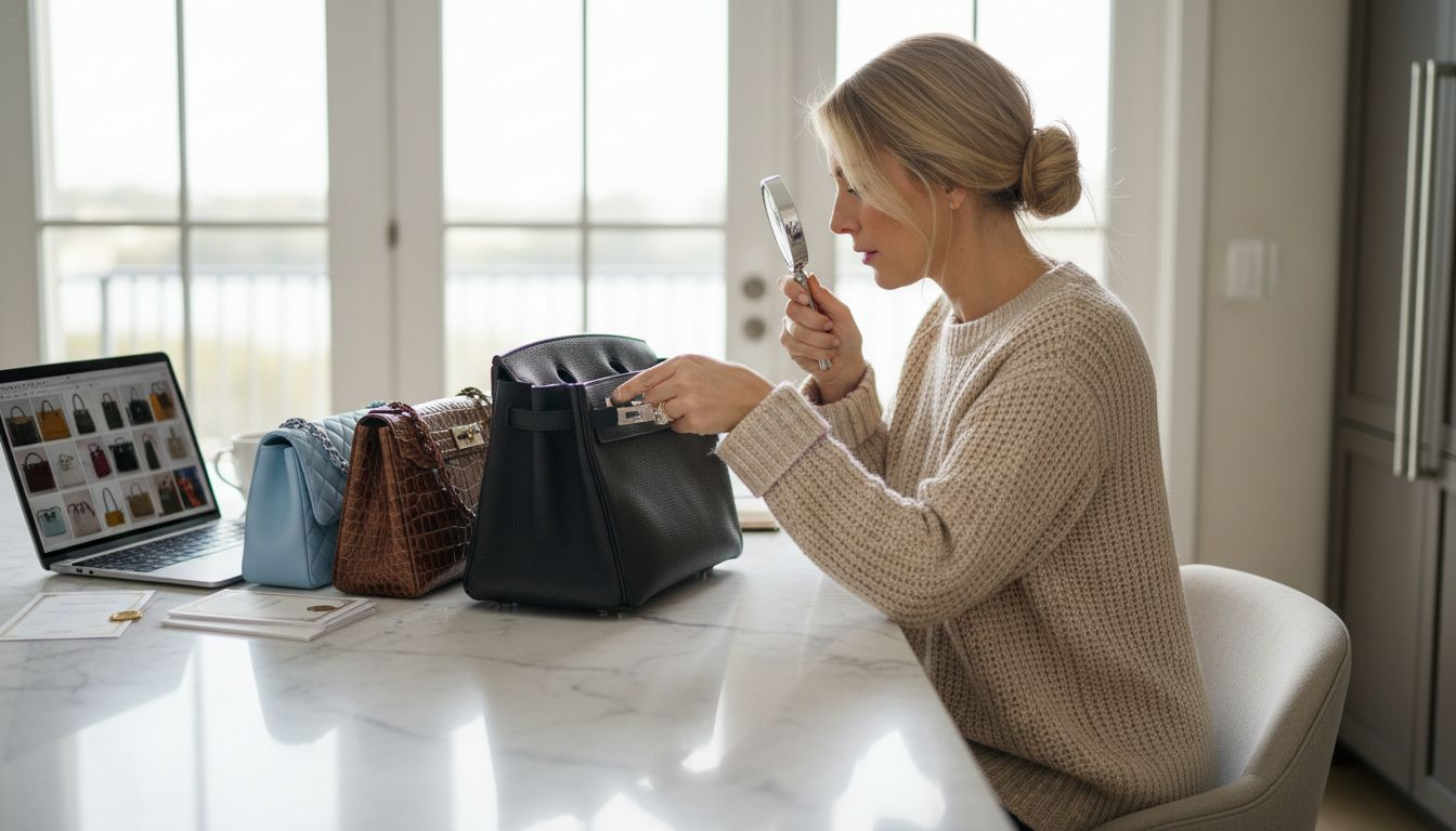 Collector examining designer handbag details