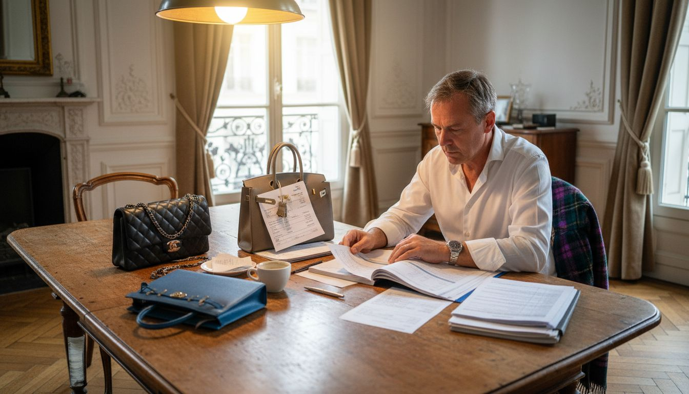 Man researches bag values with documents and bags
