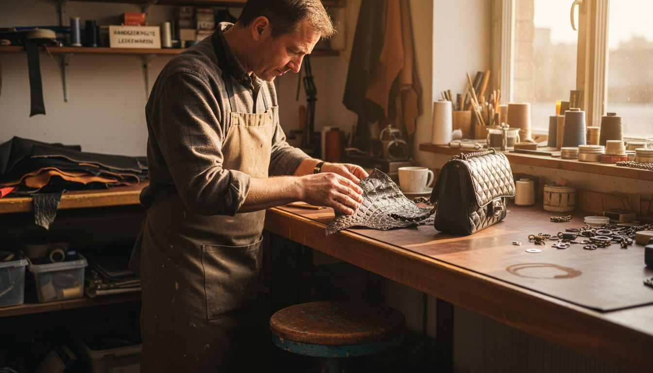 Ein erfahrener Handwerker prüft sorgfältig die Materialien, aus denen die Chanel-Tasche gefertigt wird.