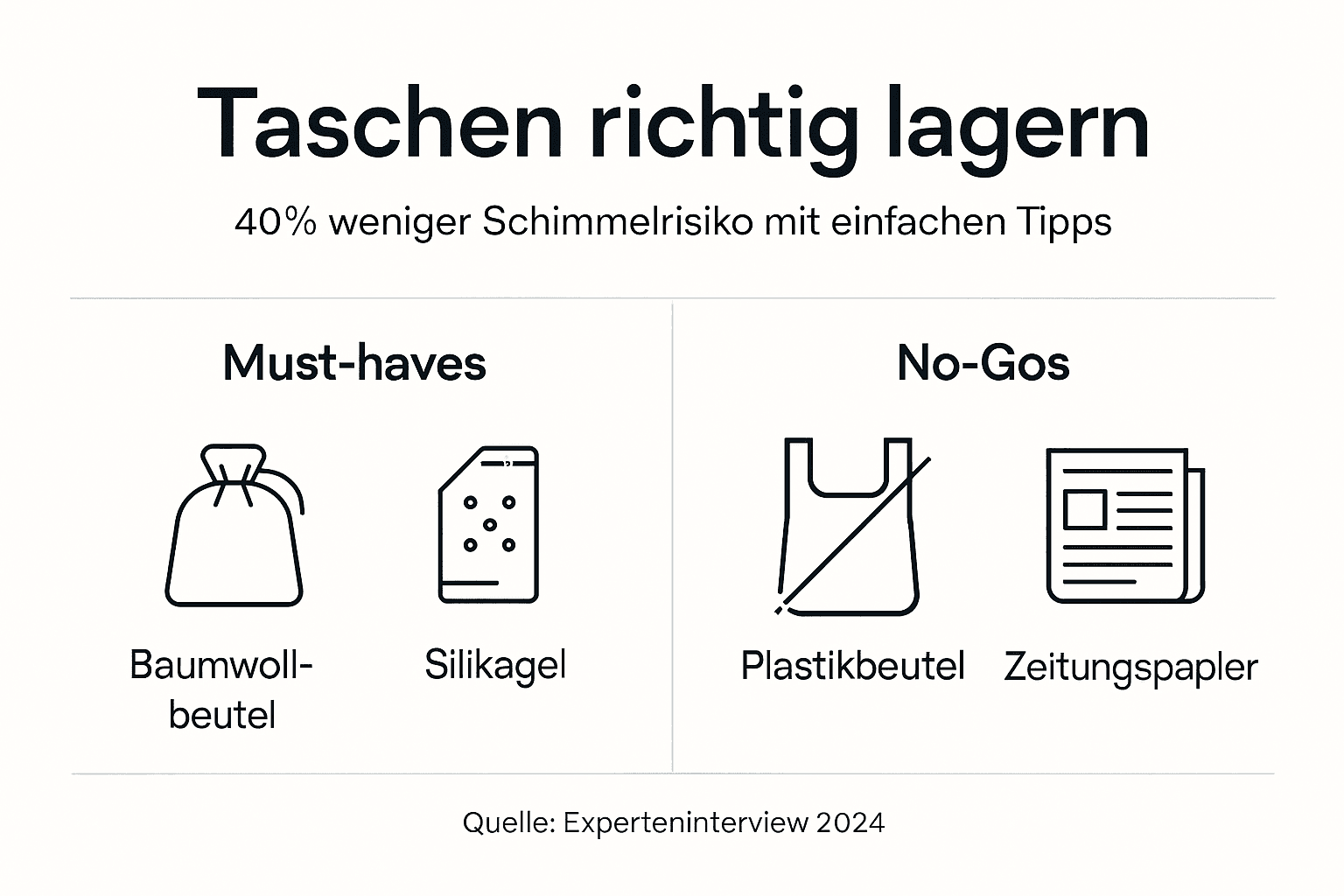 Infografik: Praktische Tipps zur richtigen Aufbewahrung von Taschen und zum Schutz vor Schimmel