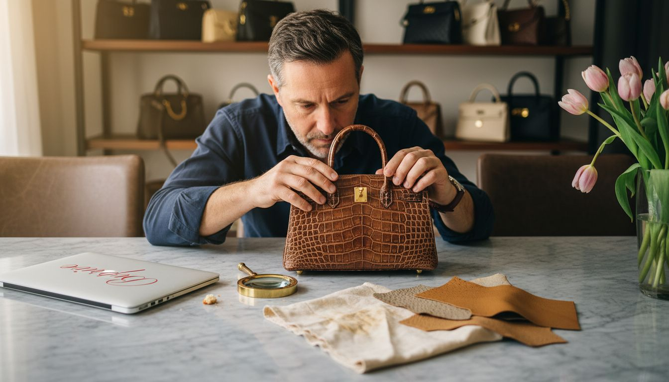 Collector inspecting rare exotic leather handbags