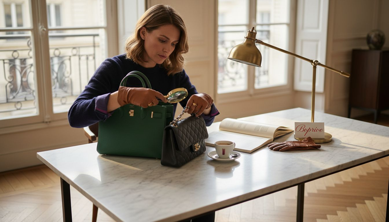 Woman inspecting designer handbags for authenticity