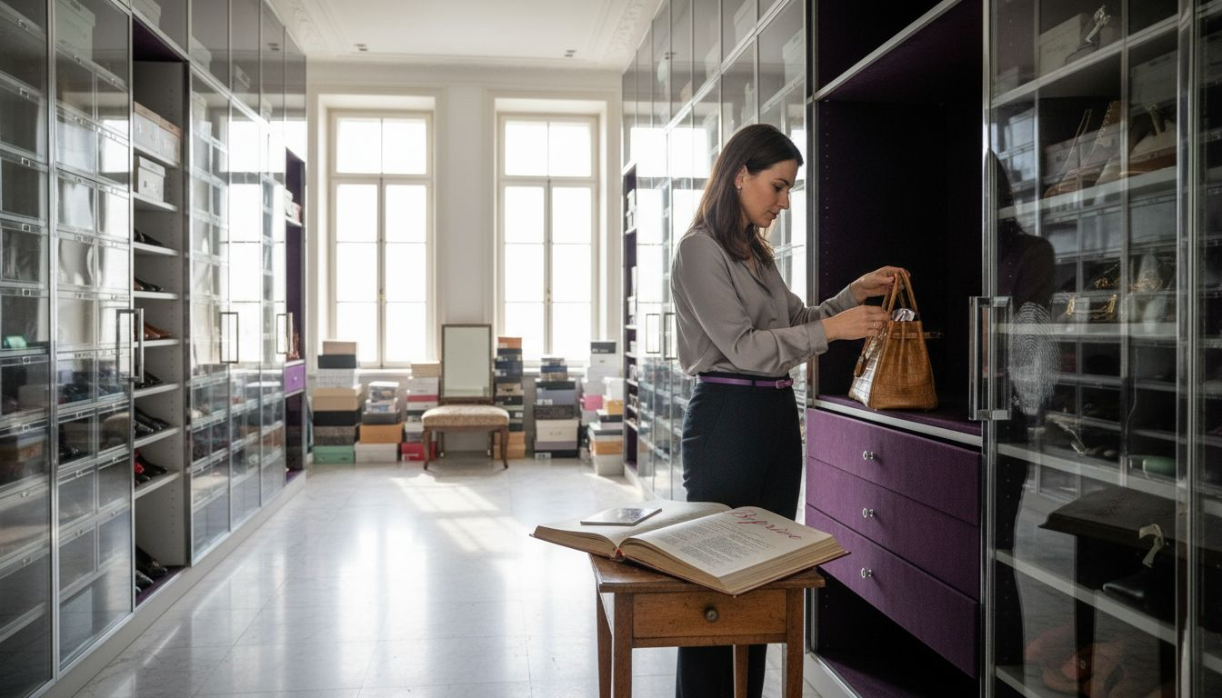 Woman examining rare Birkin bag in closet