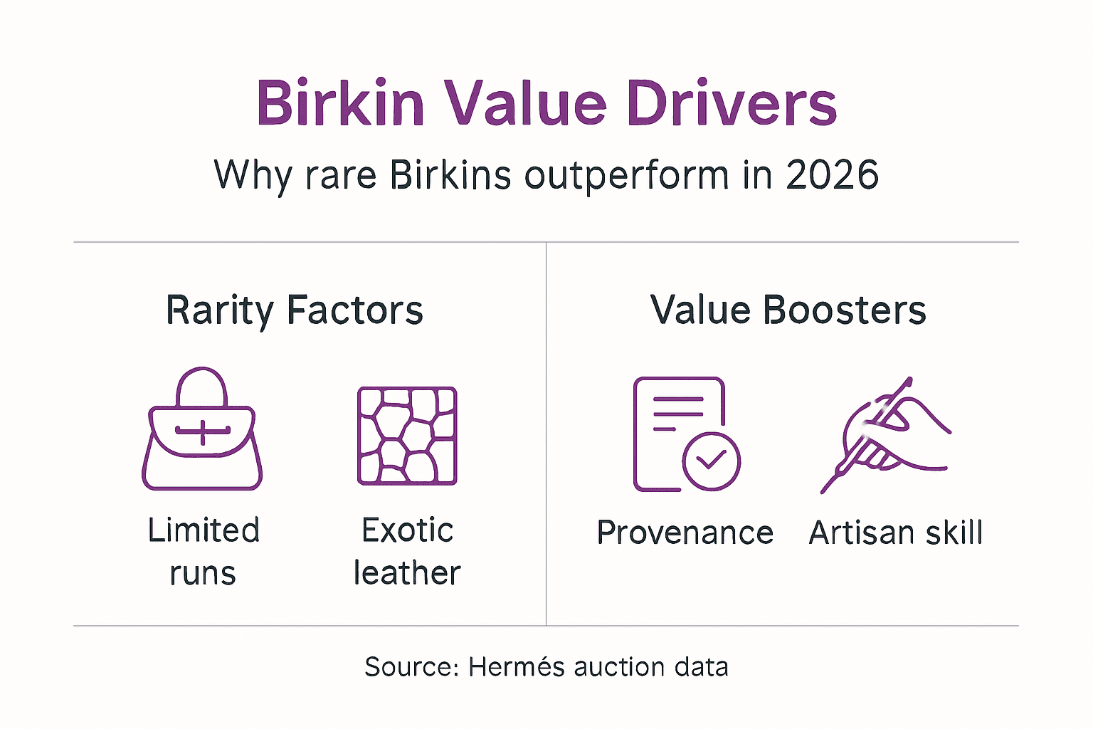 Infographic showing Birkin value drivers and rarity factors