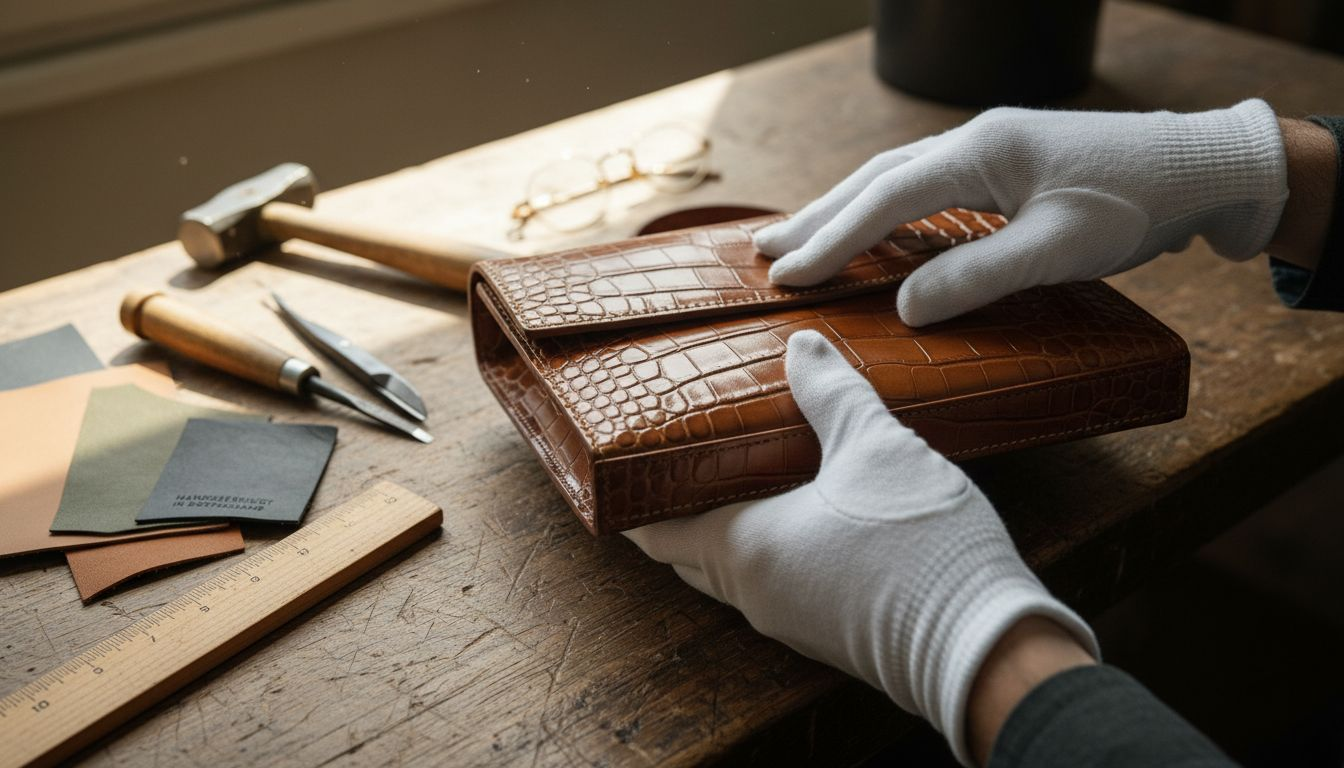 Mit Handschuhen werden die feinen Nähte einer exklusiven Ledertasche sorgfältig geprüft.