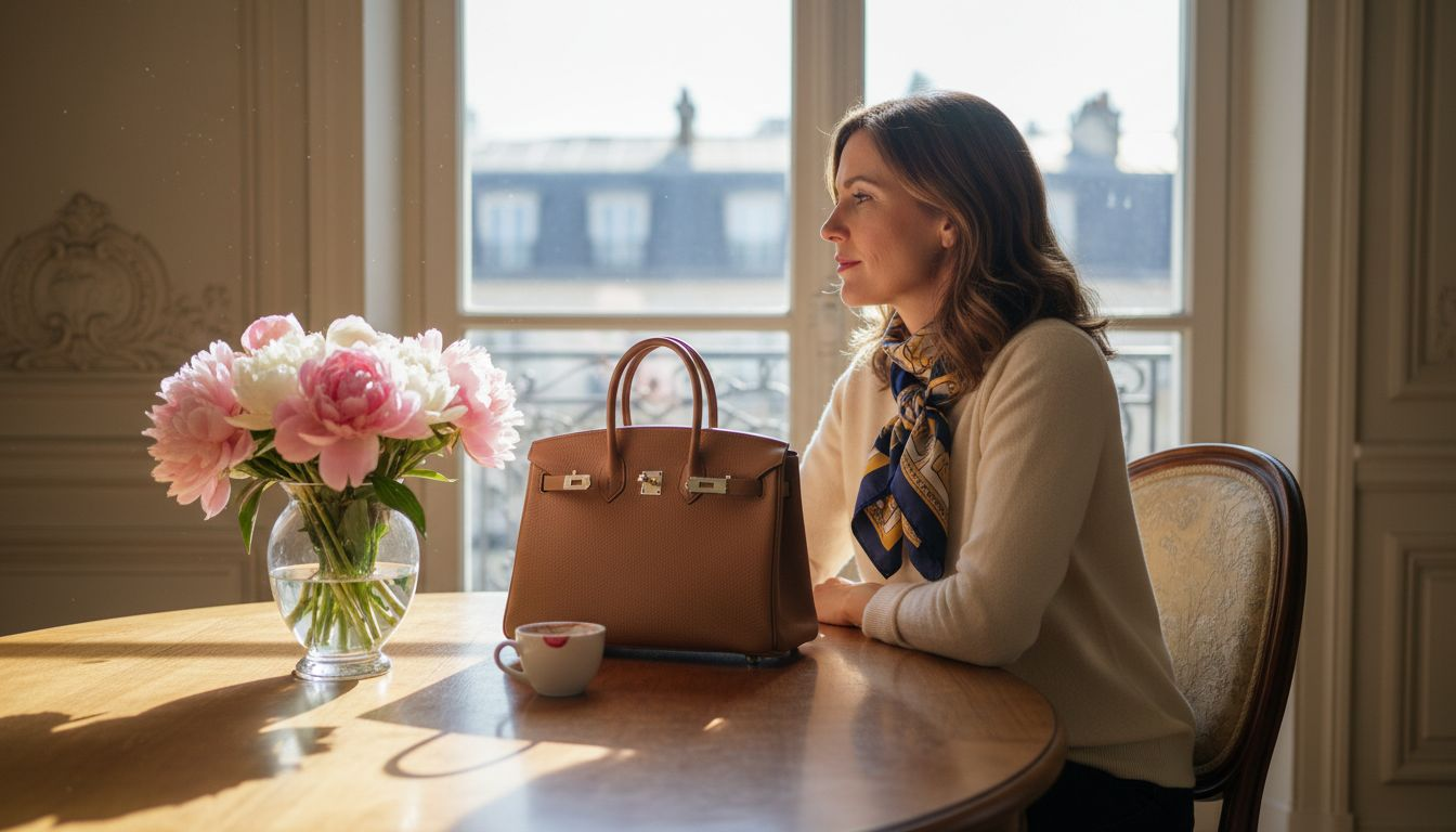 Eine Frau mit einer Hermès Birkin Bag in ihrem Pariser Apartment