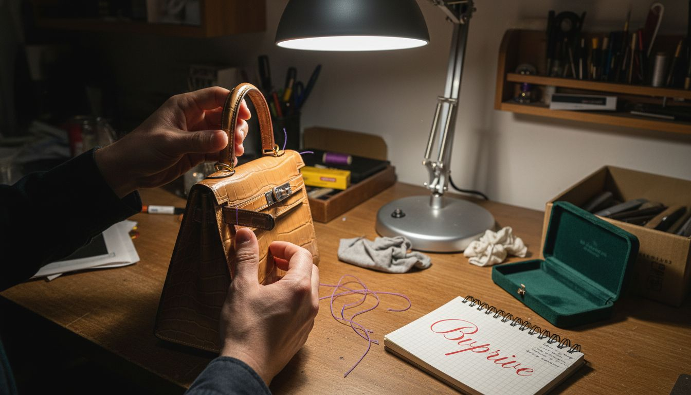 Magnifying glass inspecting Hermès saddle stitching