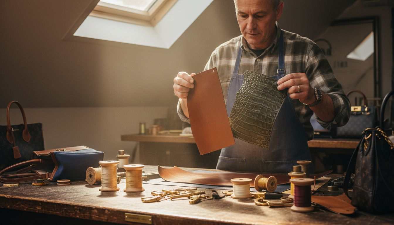 Ein erfahrener Handwerksmeister prüft sorgfältig die hochwertigen Materialien einer Luxushandtasche.