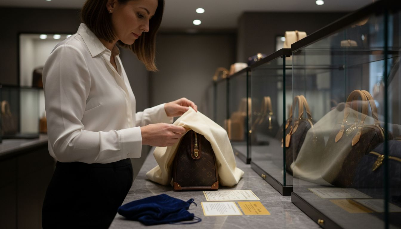 Ein Sammler begutachtet seltene Louis Vuitton Handtaschen und prüft sie auf ihre Echtheit und Besonderheiten.
