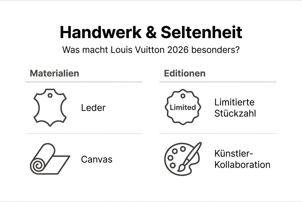 Eine anschauliche Grafik, die das besondere handwerkliche Können und die Seltenheit der Produkte von Louis Vuitton in den Mittelpunkt stellt.
