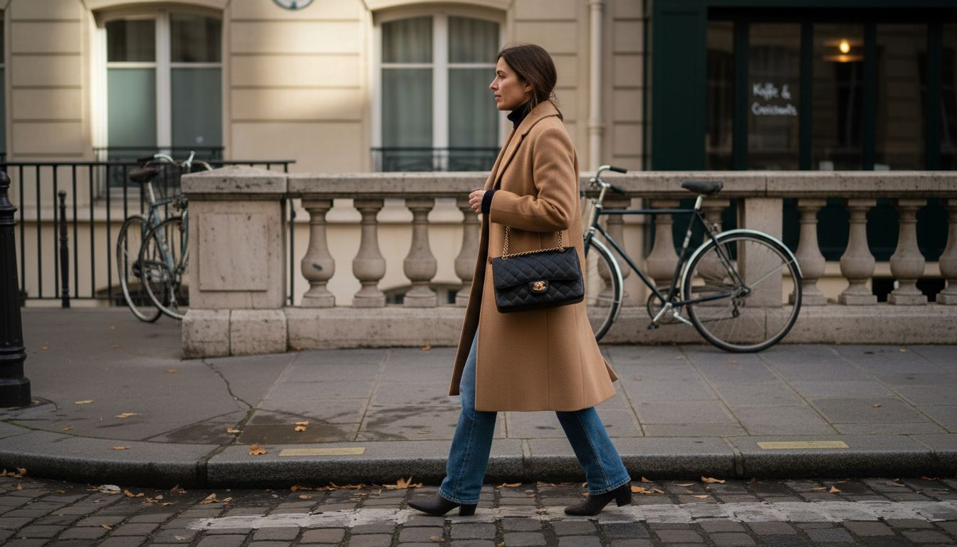 Eine stilbewusste Frau spaziert mit ihrer Chanel 2.55 über die Straßen von Paris.