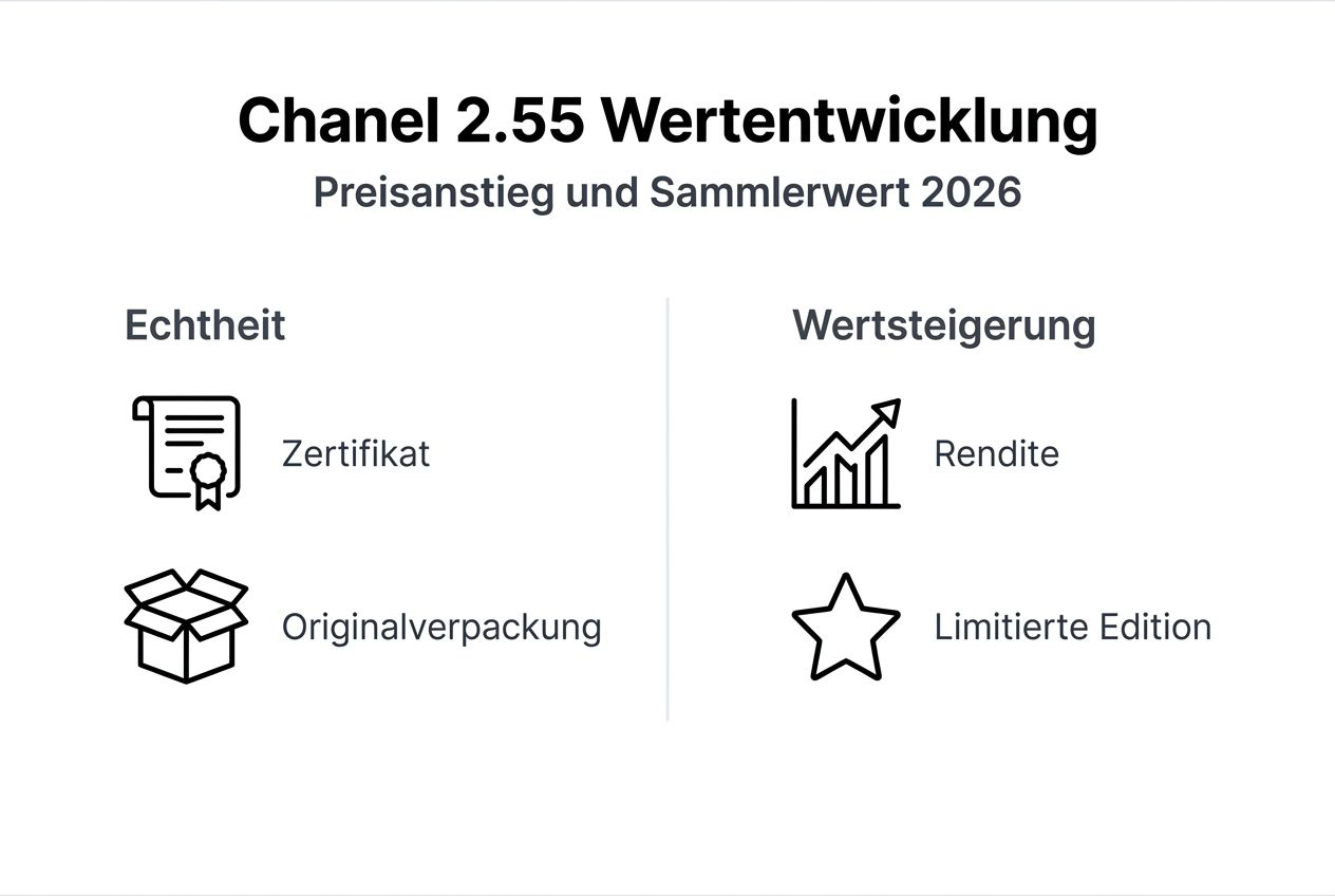 Infografik: Wertentwicklung und Echtheitsmerkmale der Chanel 2.55