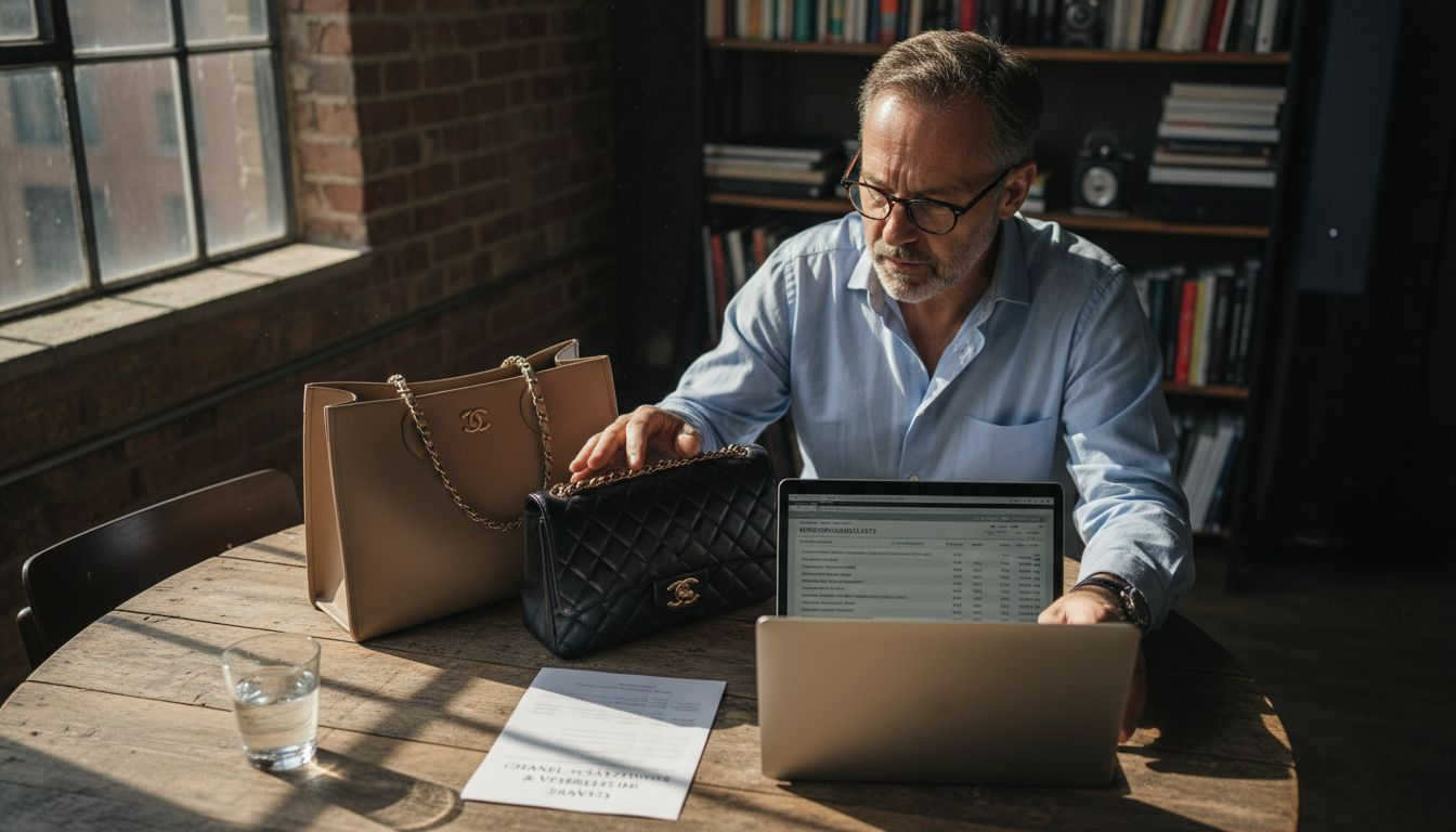 Ein Mann vergleicht verschiedene Chanel-Taschen und analysiert deren Preisentwicklung.