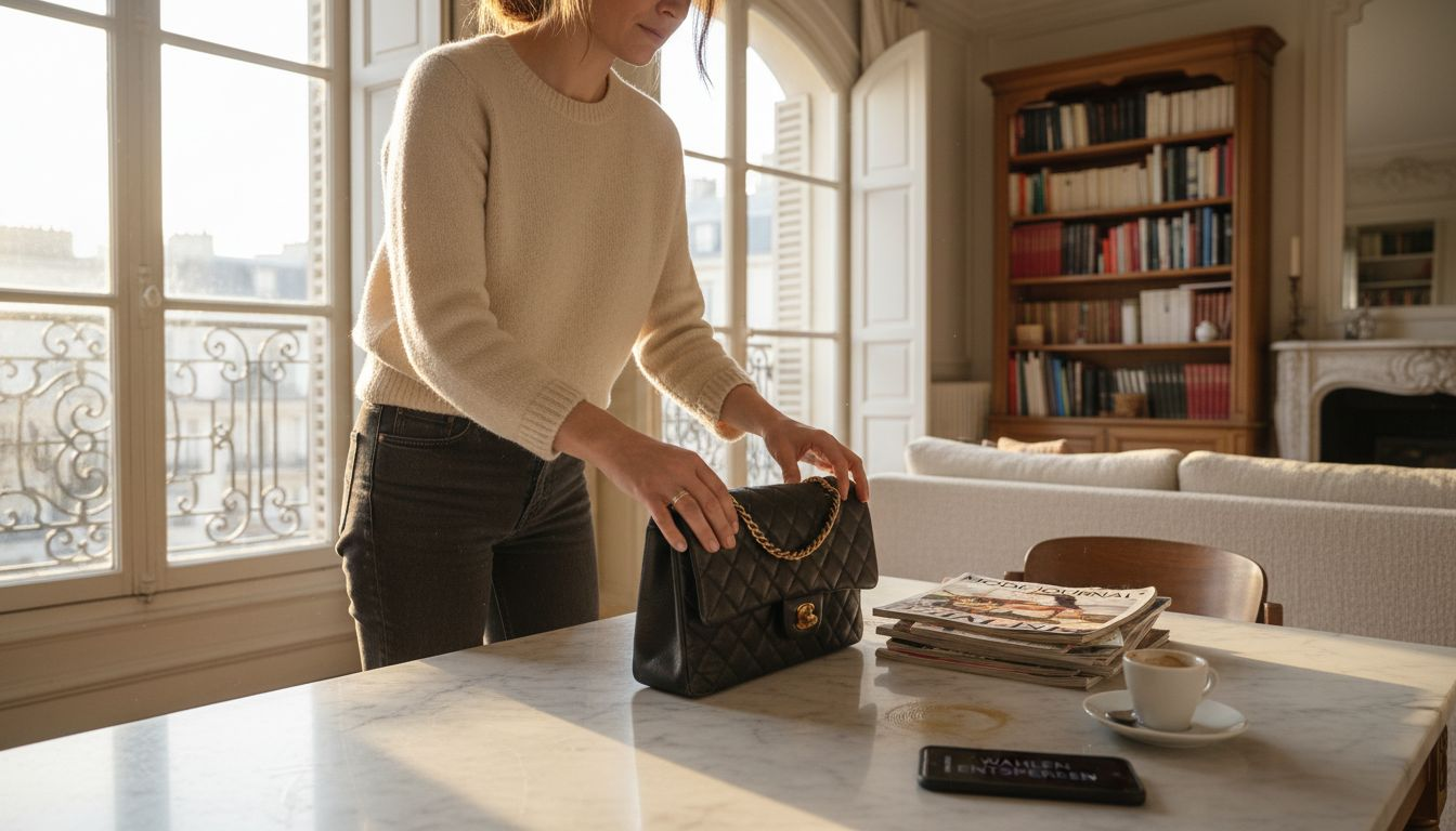 Eine Frau sitzt in ihrer stilvoll eingerichteten Wohnung und trägt eine klassische Chanel-Handtasche.