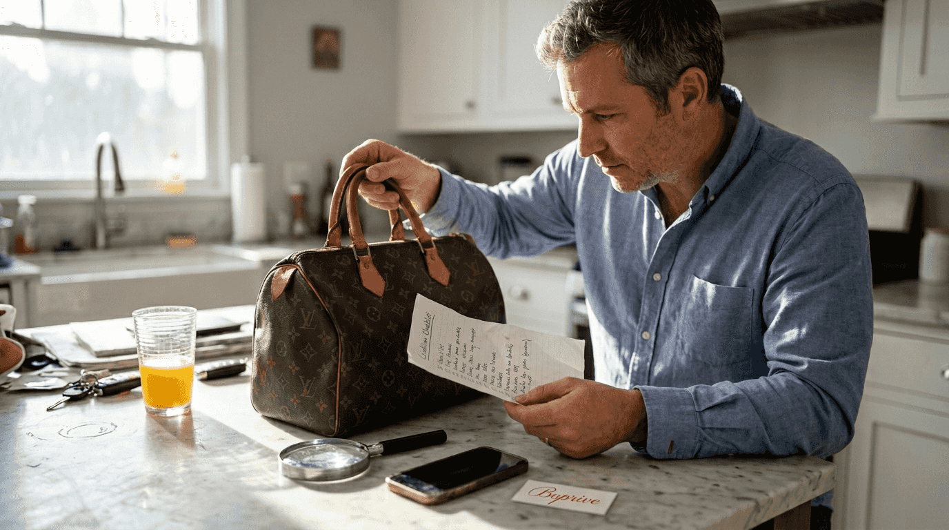Man inspecting luxury handbag for condition