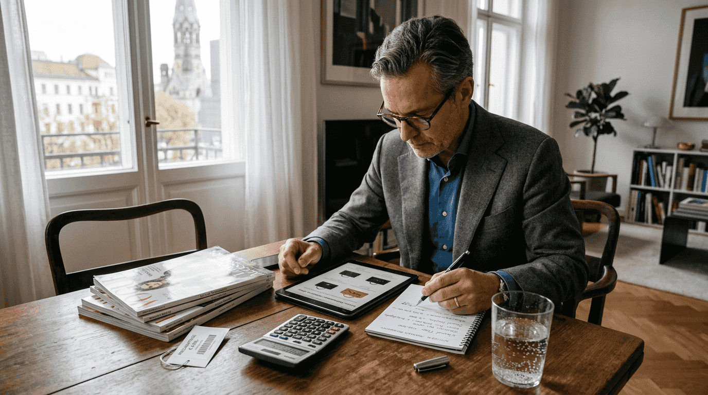 Bevor er eine Handtasche kauft, informiert sich der Mann ausführlich.