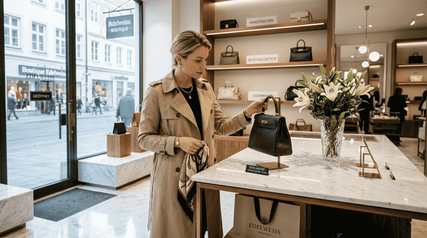 Eine Frau begutachtet in einer Boutique eine edle Luxushandtasche.