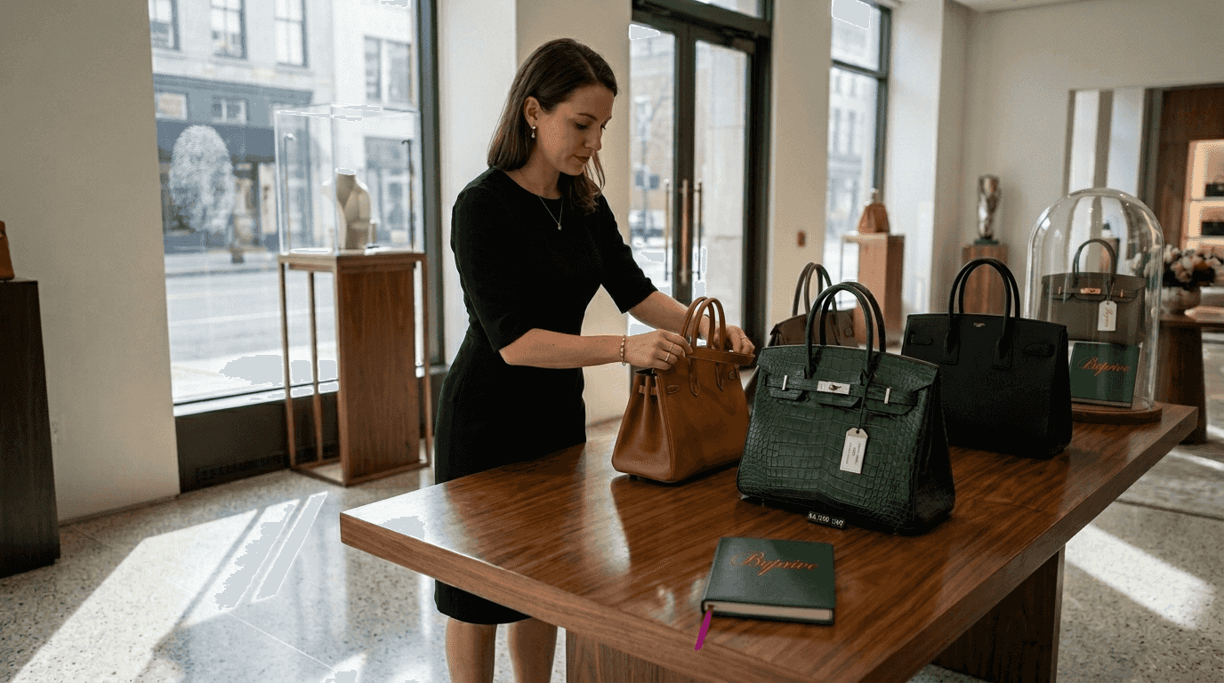 Boutique staff arranging exclusive leather handbags