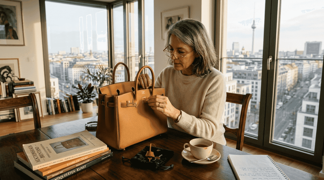 Ein Sammler begutachtet in seiner Wohnung eine Hermès Birkin-Tasche.