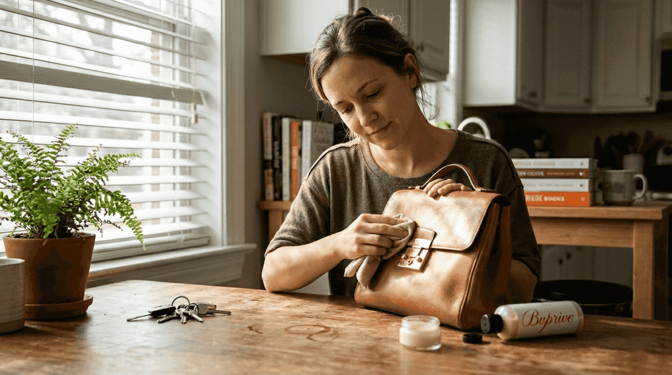 Woman cleaning designer handbag at kitchen table