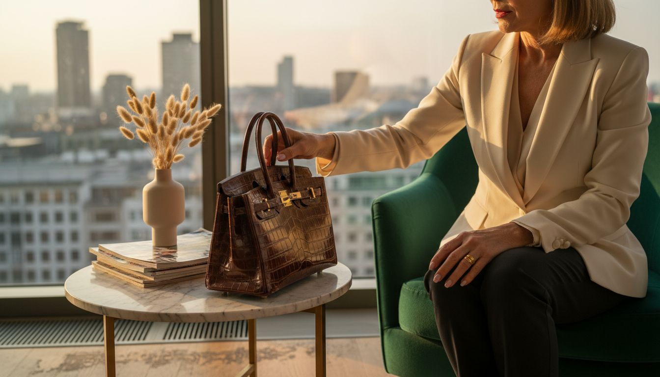 Eine Hermès-Birkin-Bag stilvoll auf einem Marmortisch im Penthouse arrangiert.