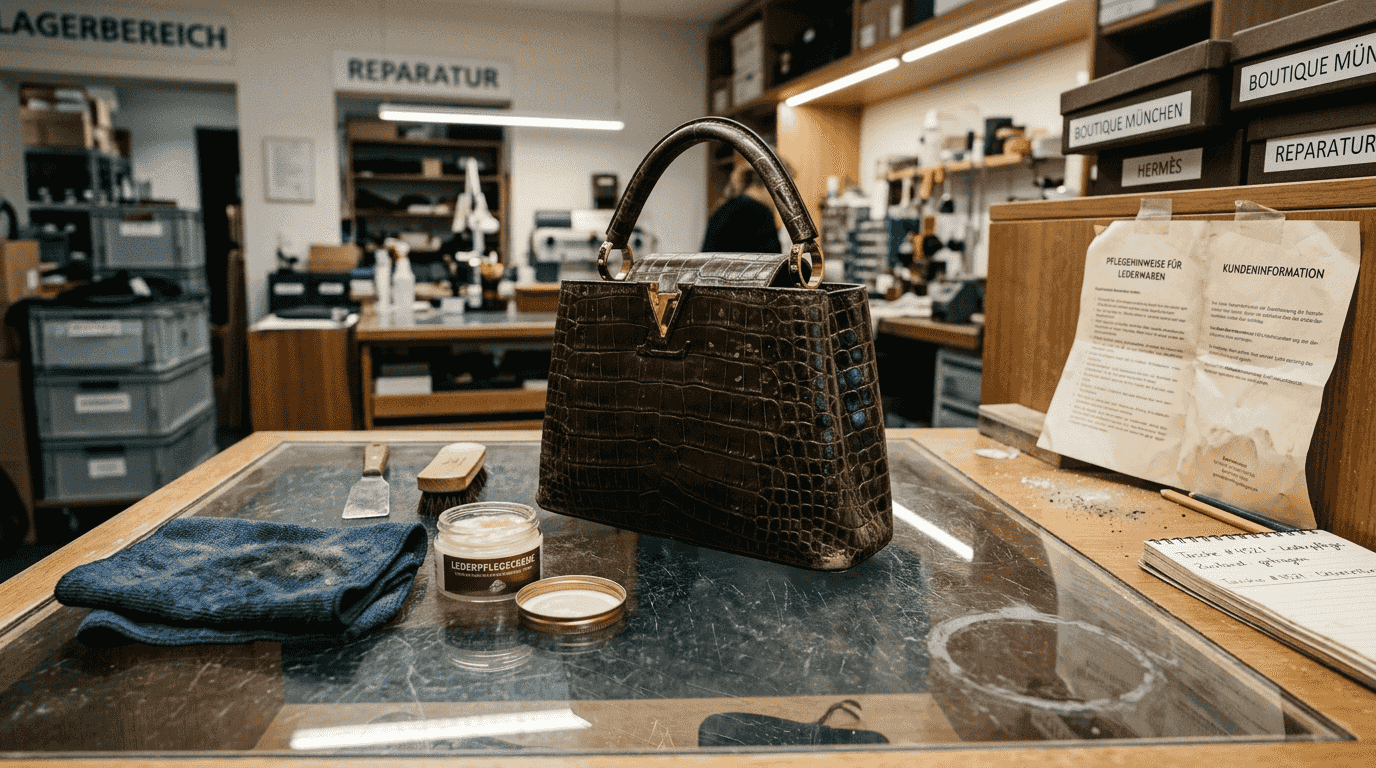 Eine exklusive Handtasche aus exotischem Leder präsentiert sich eindrucksvoll unter den Lichtern im Geschäft.