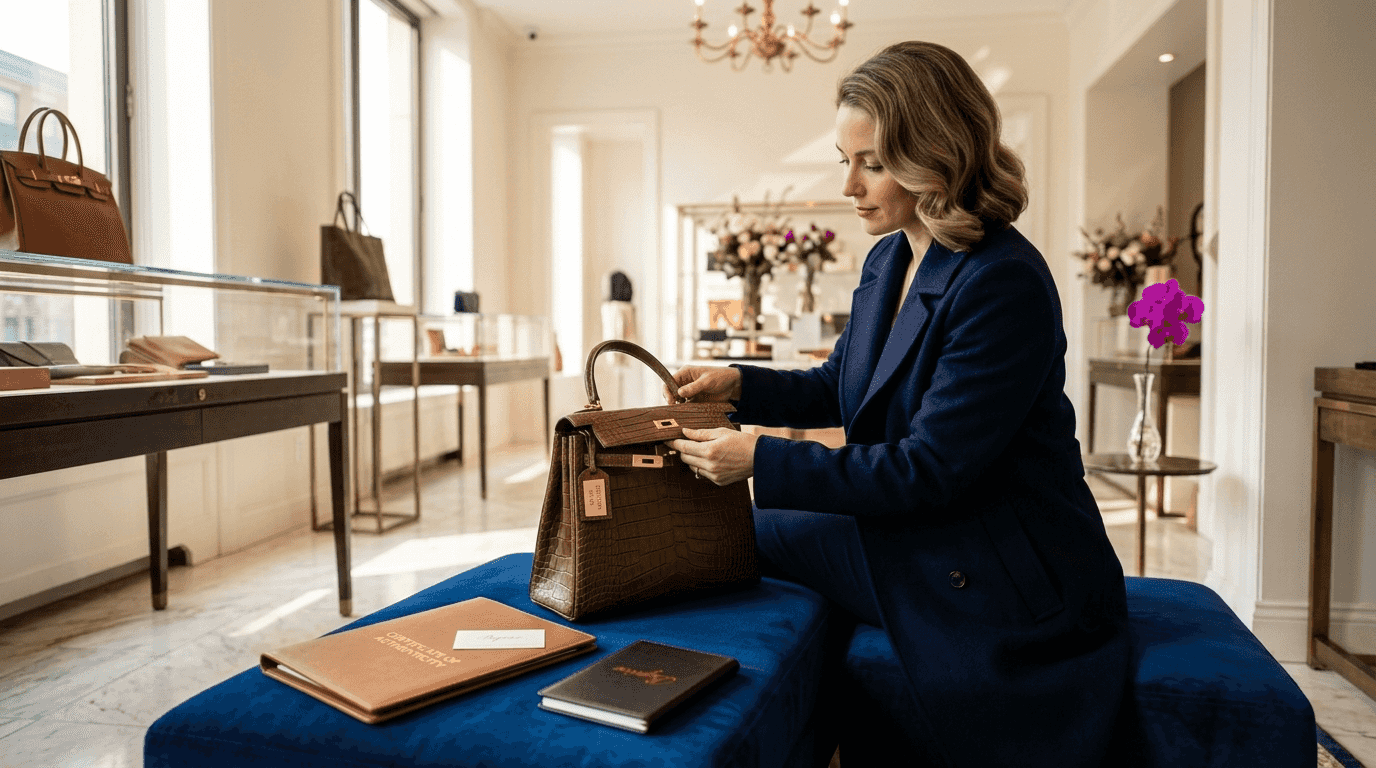 Luxury boutique woman inspecting rare handbag