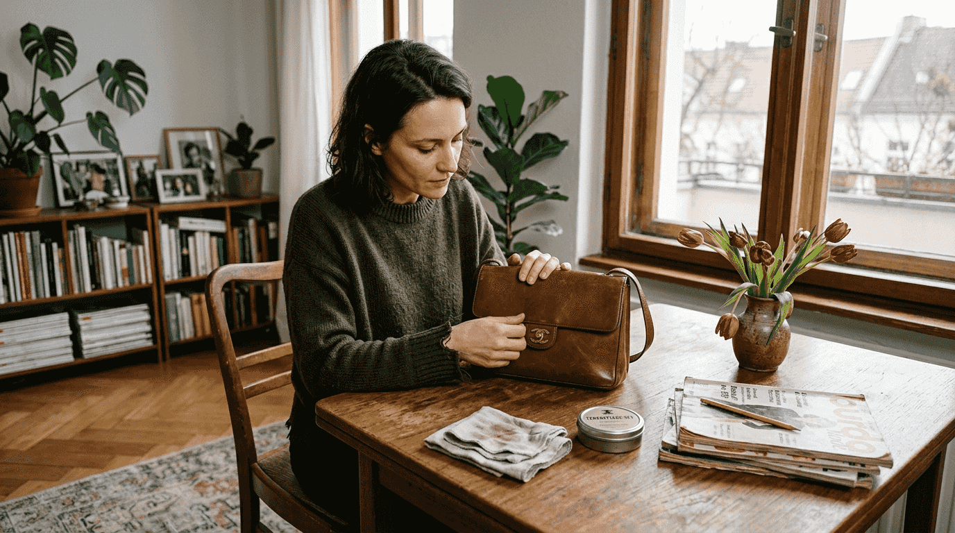Ein Sammler begutachtet eine Vintage-Designertasche ganz genau.
