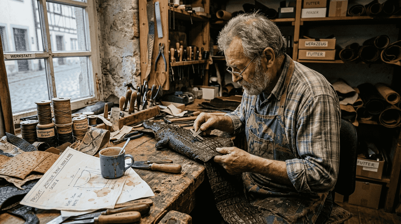 Ein erfahrener Handwerker verarbeitet edle Materialien für exklusive Taschen.