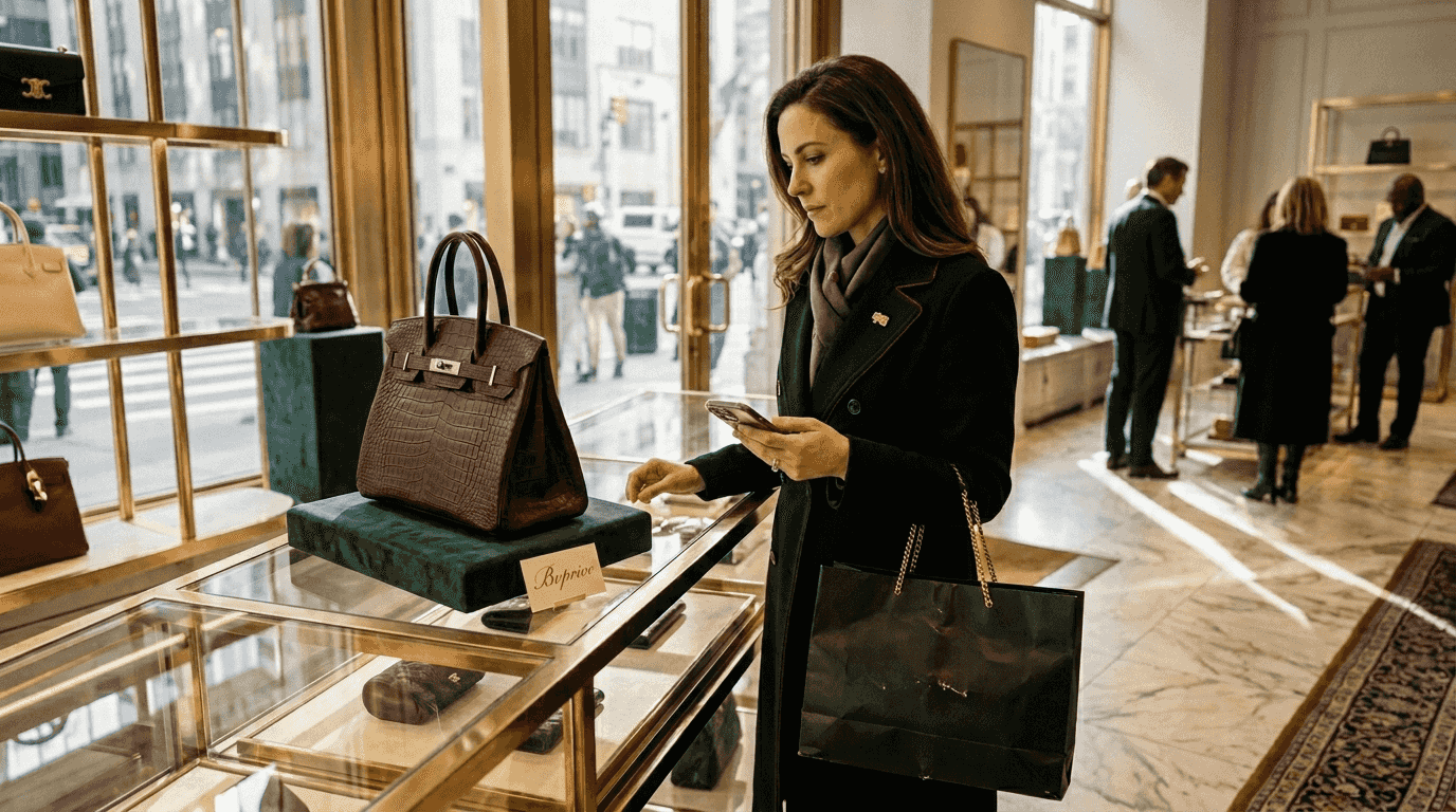 Shopper inspects rare designer handbag in boutique
