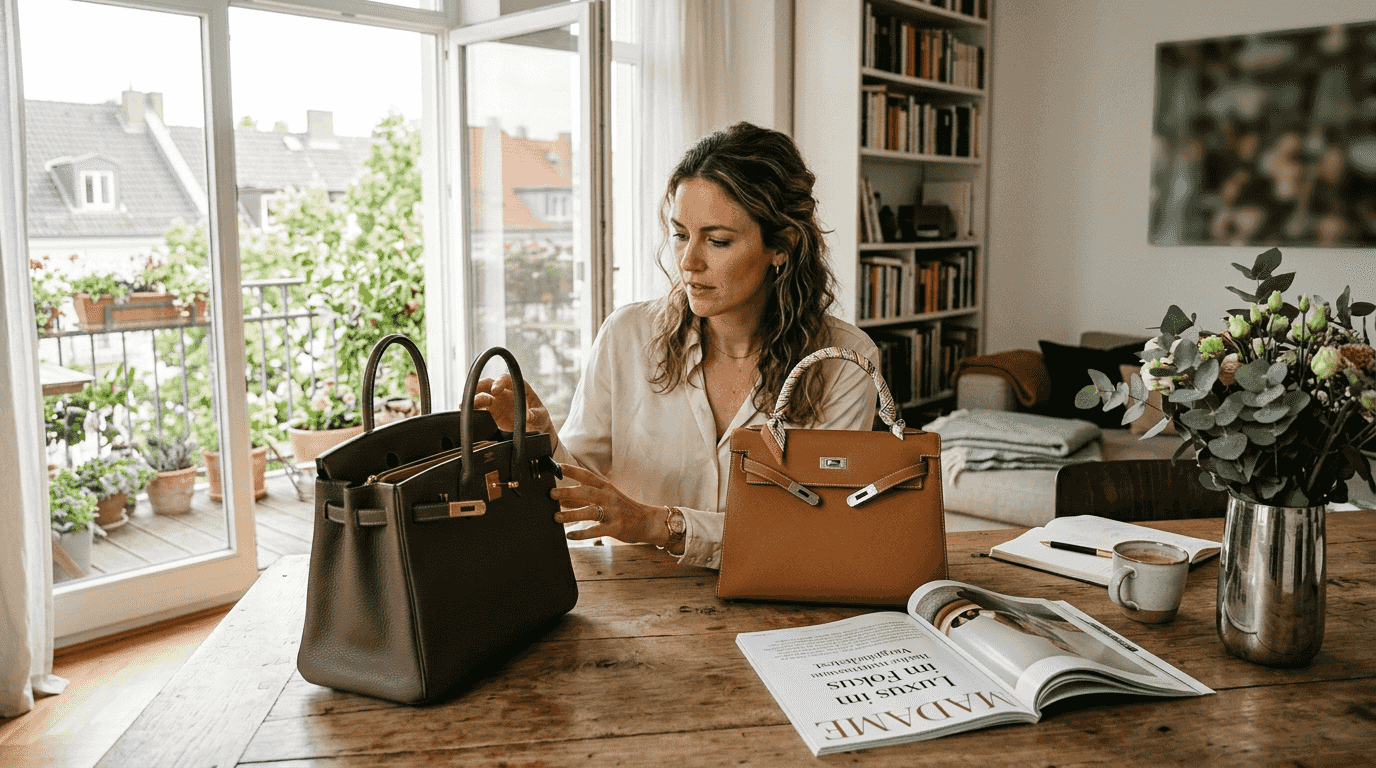 Eine Frau nimmt die Hermès Birkin und Kelly Taschen genauer unter die Lupe und vergleicht die beiden Luxus-Modelle miteinander.