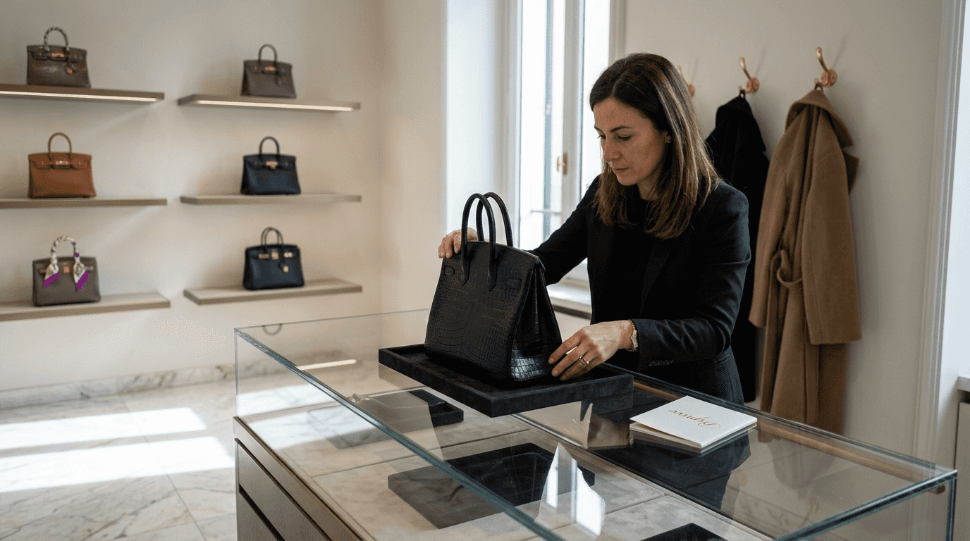 Luxury boutique associate handling exclusive handbag