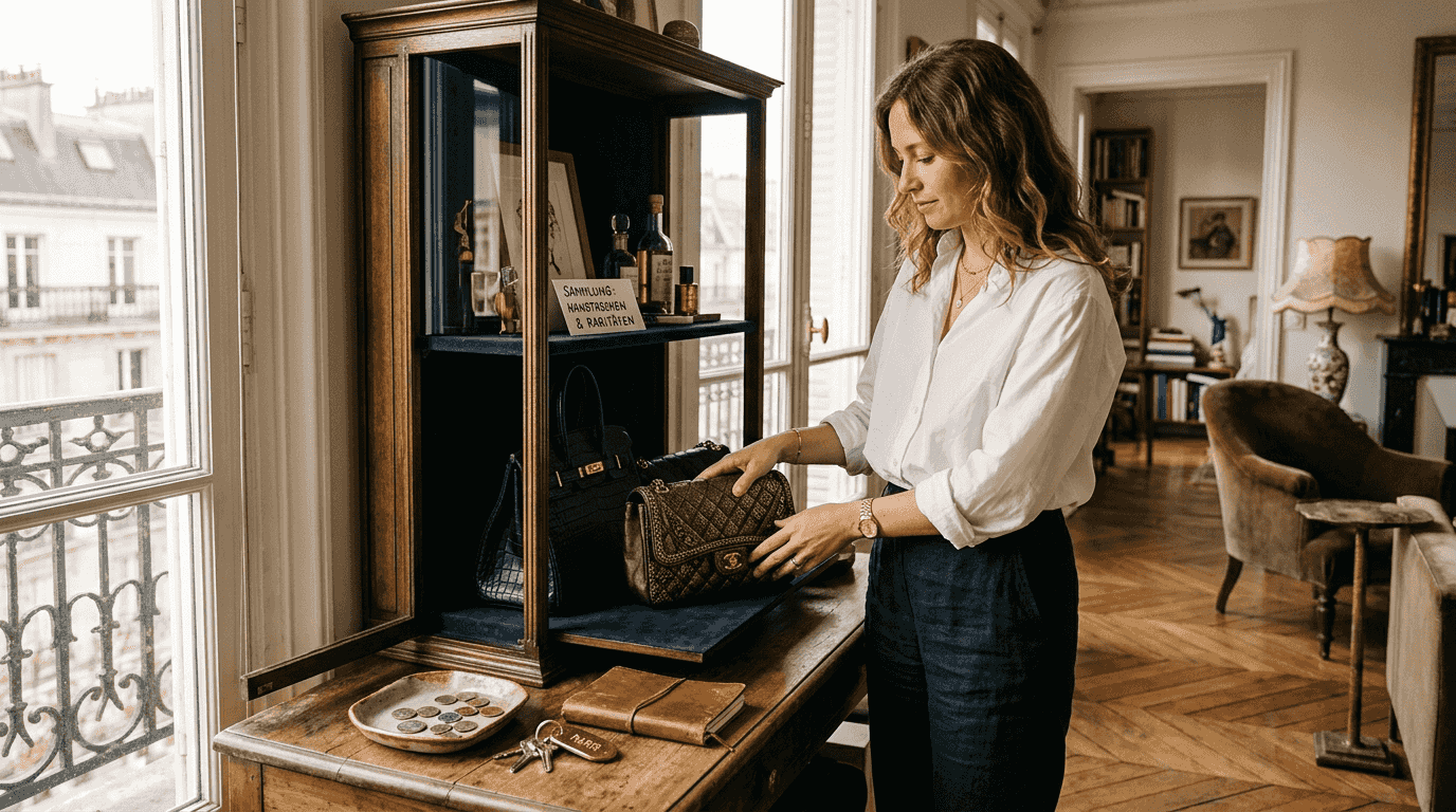 Ein Sammler präsentiert seine exklusiven Hermès- und Chanel-Taschen und sortiert sie sorgfältig in seiner Sammlung.