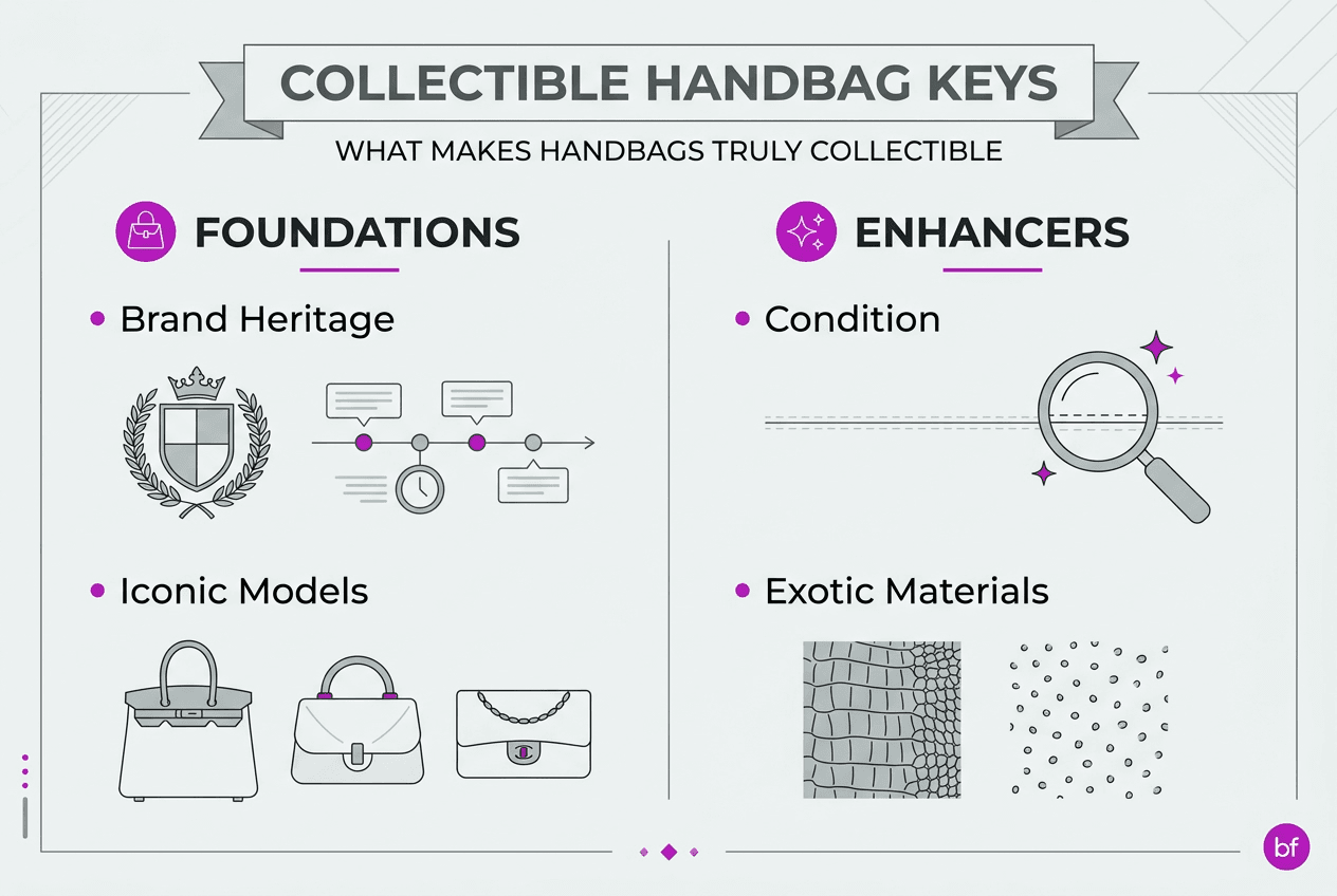 Infographic outlining collectible handbag key factors