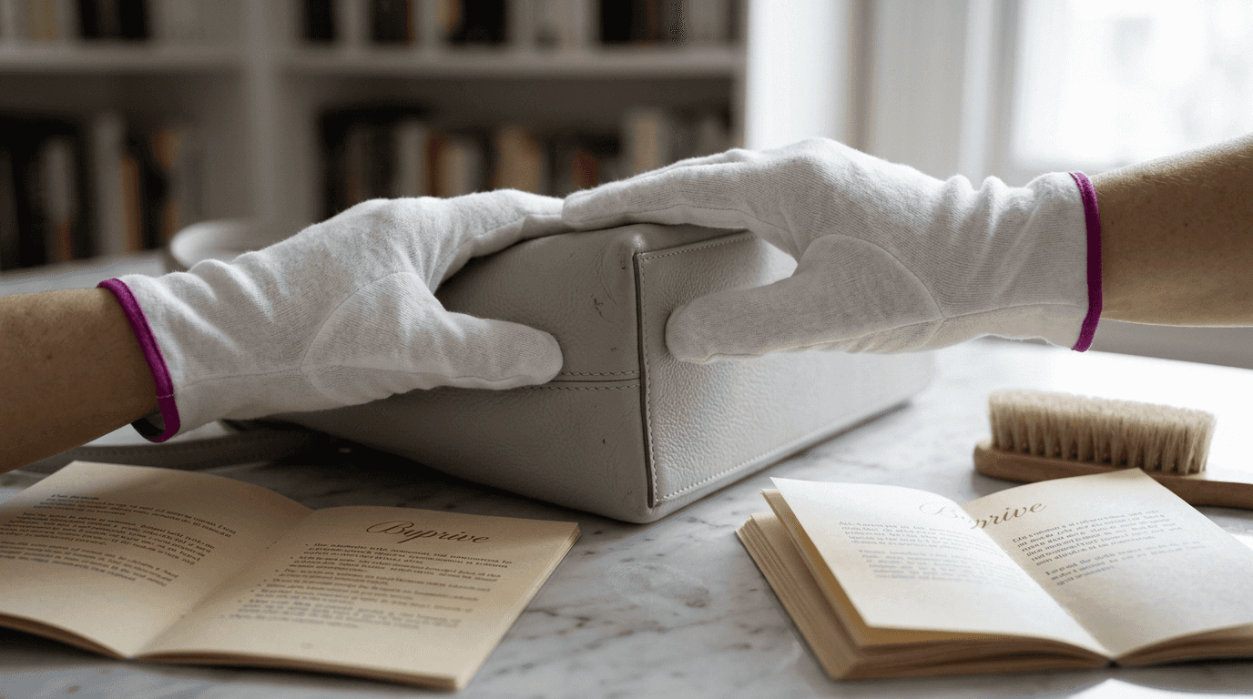 Gloved hand inspecting luxury handbag condition