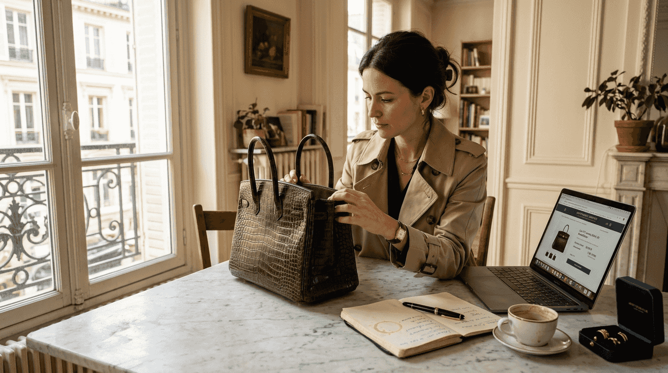 Eine Frau begutachtet eine edle Handtasche, die vor ihr auf dem Tisch liegt.