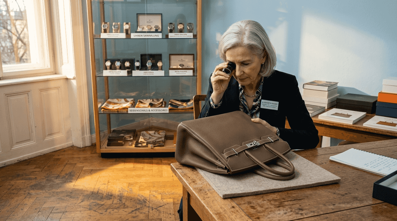 Ein Fachmann begutachtet eine Hermès-Tasche im Auktionshaus.