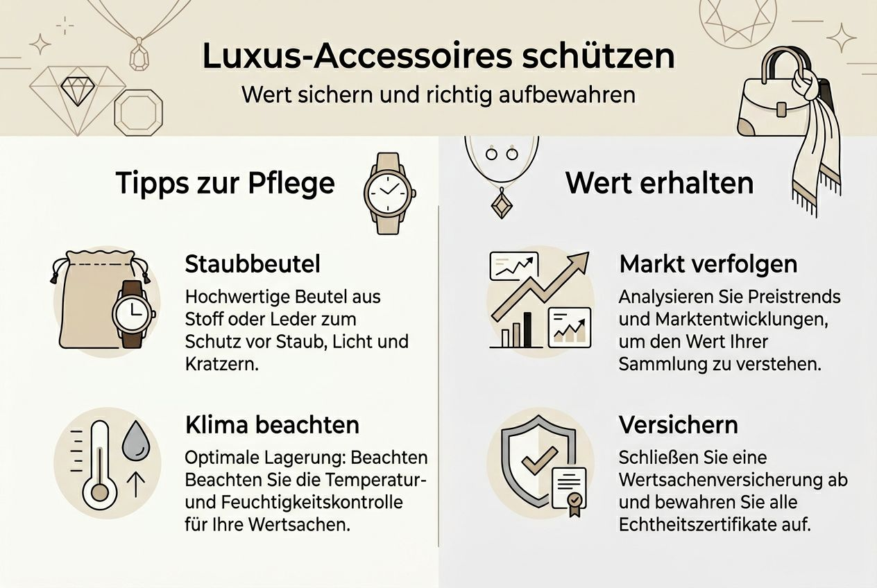 Infografik: So bleiben Luxus-Accessoires wertvoll – Pflegetipps und Hinweise zur Werterhaltung