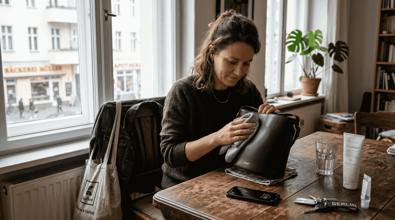 Eine Frau reinigt ihre Designerhandtasche sorgfältig auf einem Holztisch.