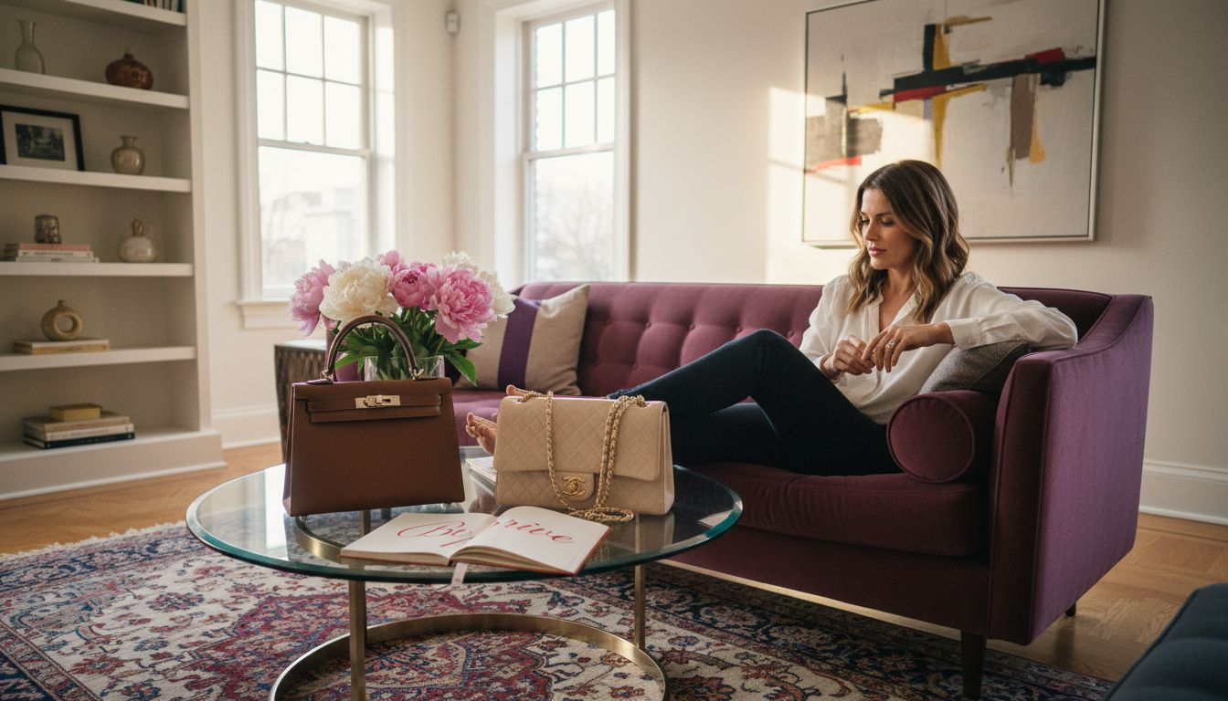 Woman inspecting pre-owned luxury handbags at home
