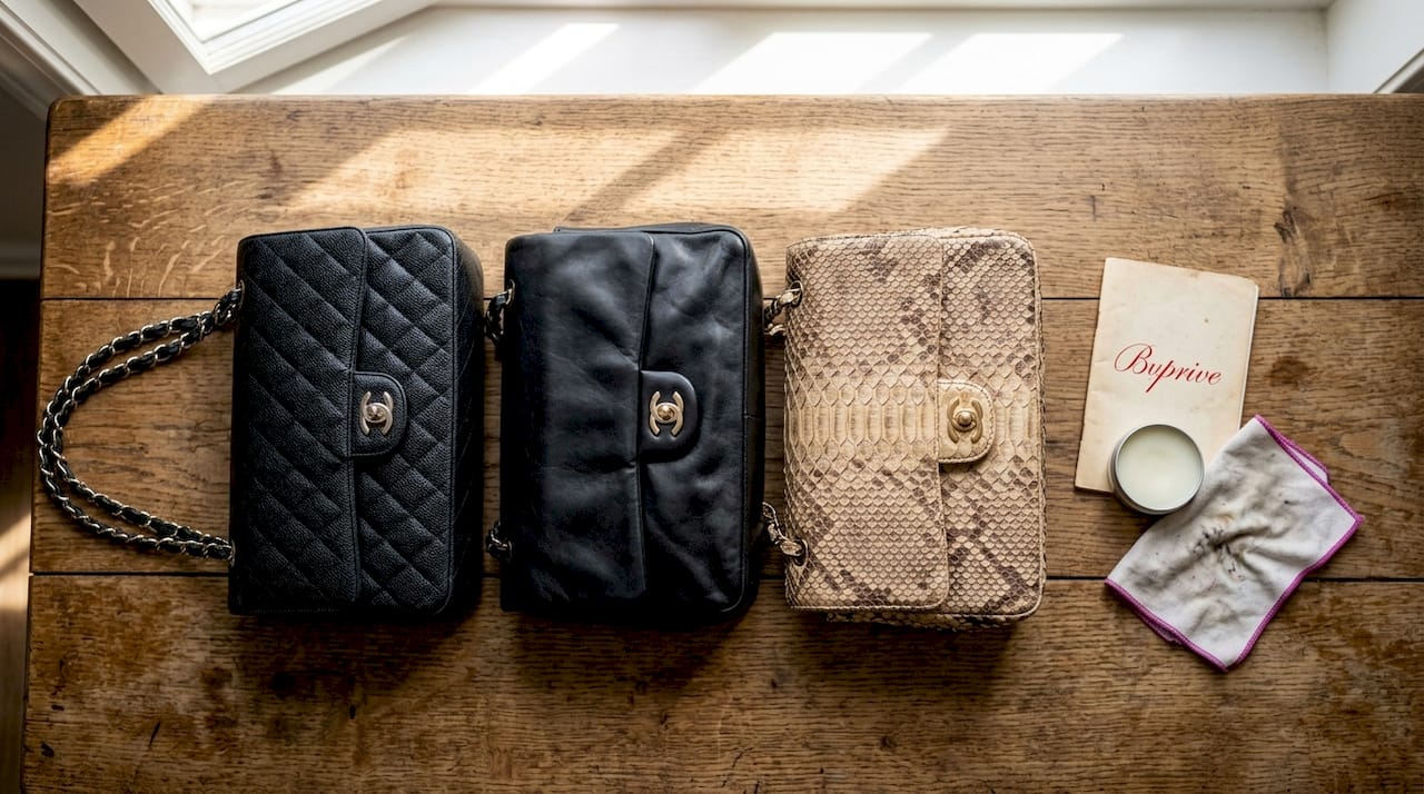 Three Chanel bags showing material differences