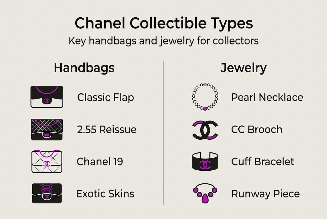 Infographic showing collectible Chanel bags and jewelry types