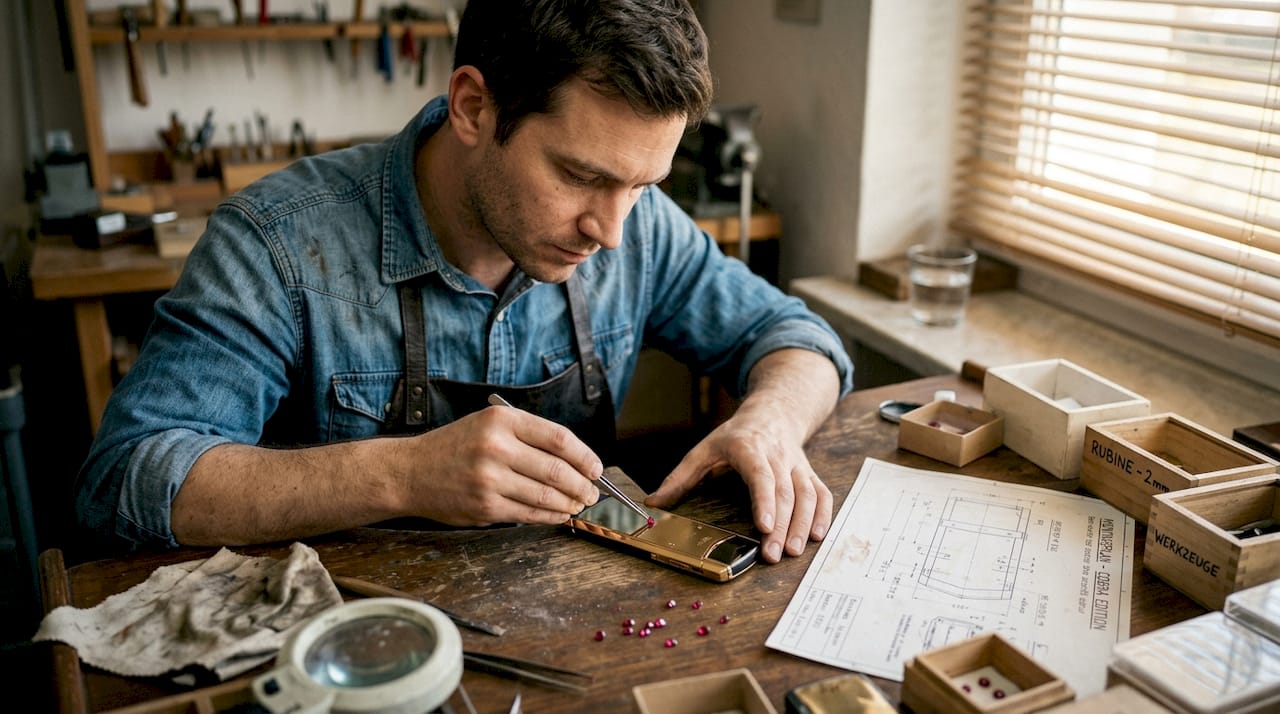 Ein Kunsthandwerker veredelt ein Luxus-Handy mit funkelnden Rubinen.
