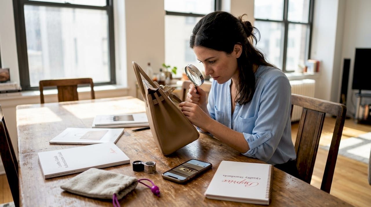 Woman authenticating designer bag at home table