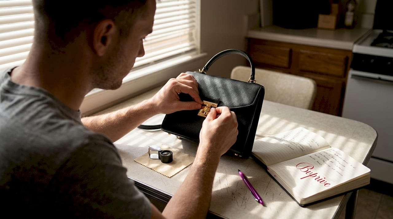 Examining hardware on designer handbag up close