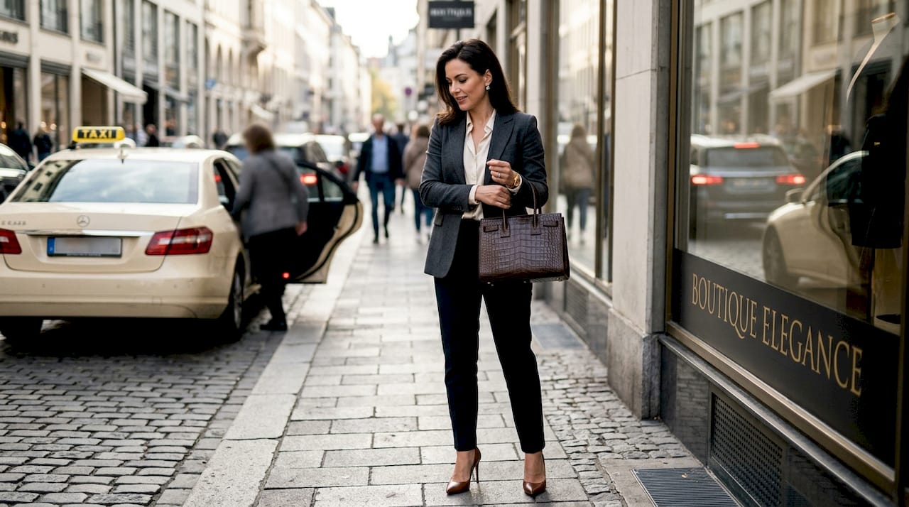 Eine Frau richtet ihre edle Handtasche, während sie durch die Stadt schlendert.