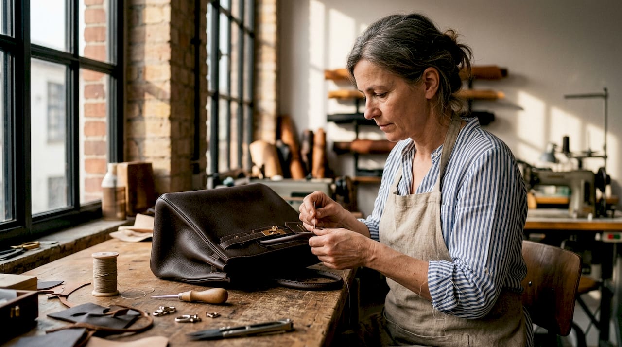 Ein erfahrener Handwerksmeister fertigt in aufwändiger Handarbeit eine seltene Hermès Birkin-Tasche.