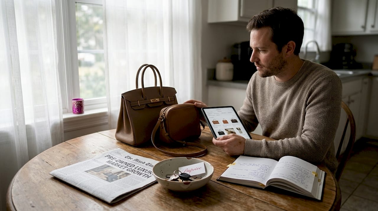 Collector comparing handbags at kitchen table